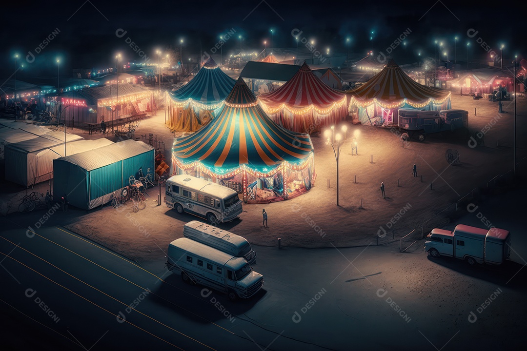 Um grande e famoso circo brilhante e colorido com um parque de diversões, trailers, caminhões e motorhomes