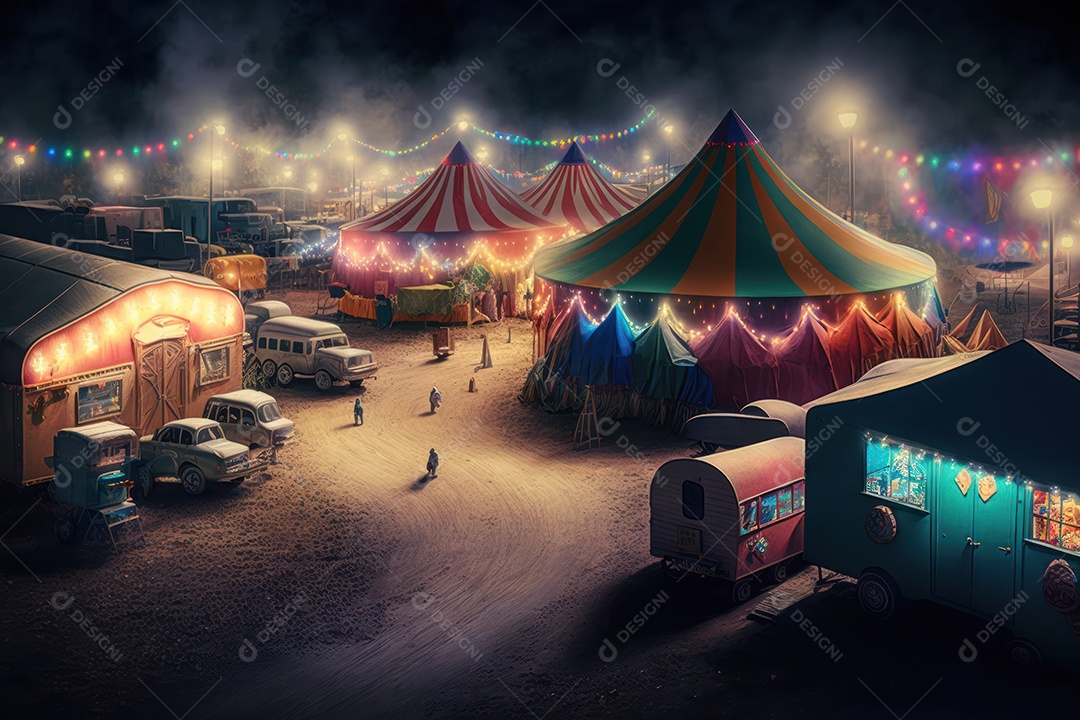 Um grande e famoso circo brilhante e colorido com um parque de diversões, trailers, caminhões e motorhomes