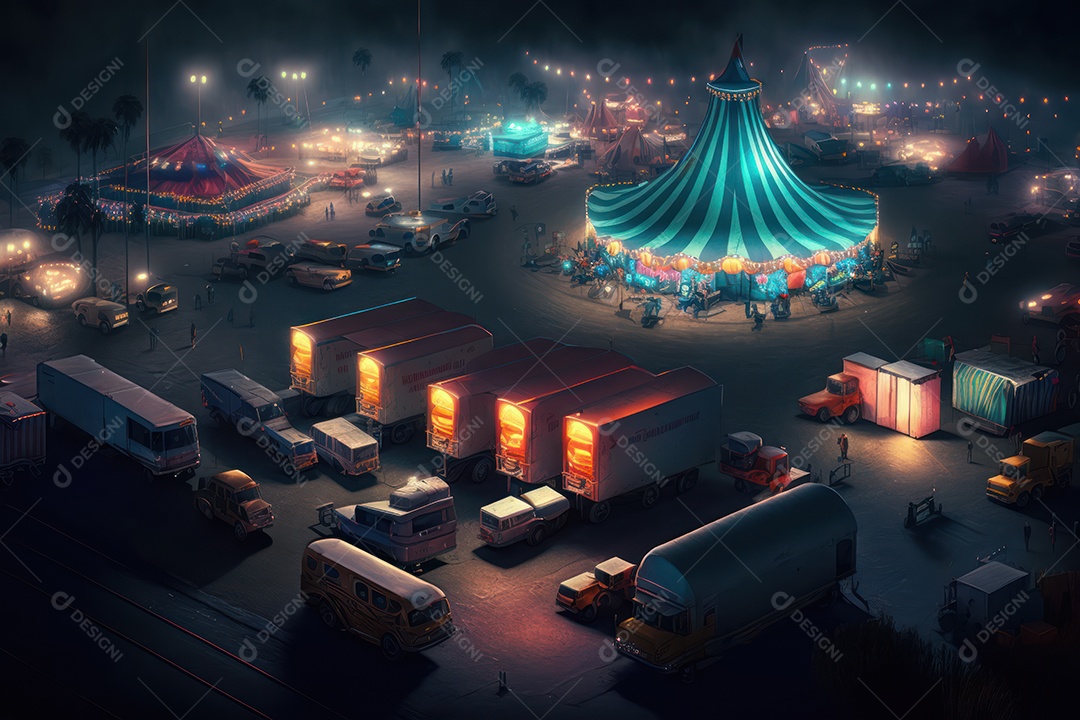 Um grande e famoso circo brilhante e colorido com um parque de diversões, trailers, caminhões e motorhomes