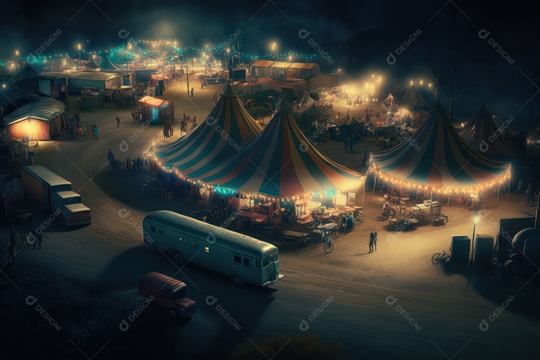 Um grande e famoso circo brilhante e colorido com um parque de diversões, trailers, caminhões e motorhomes