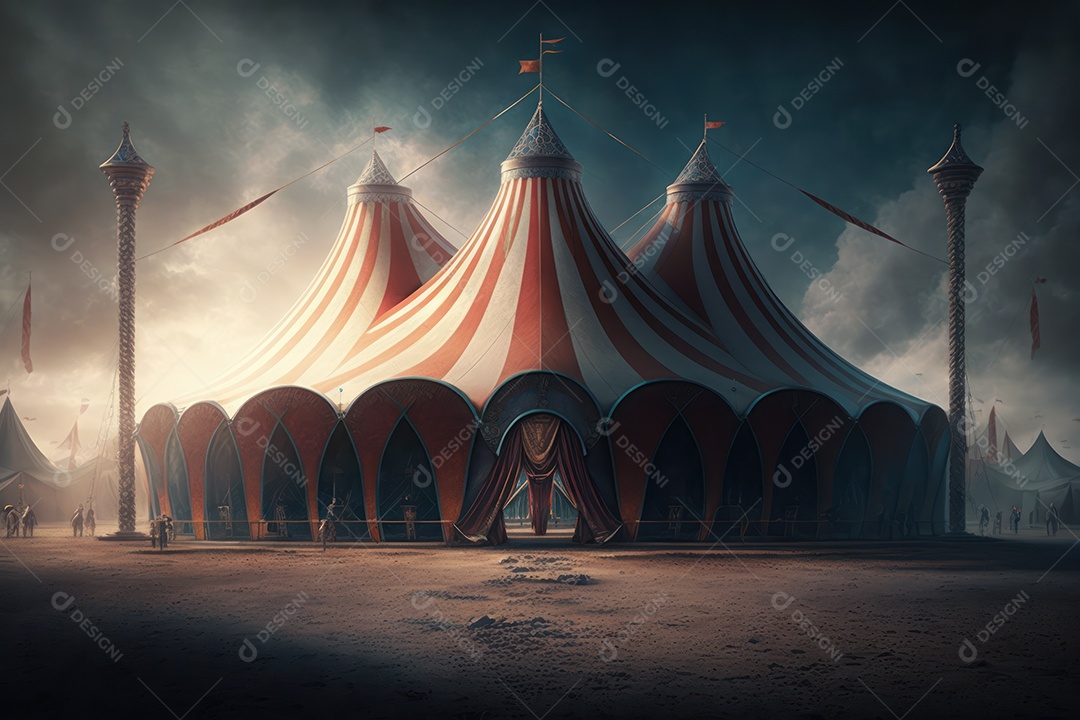 Um grande e famoso circo brilhante e colorido com um parque de diversões, trailers, caminhões e motorhomes