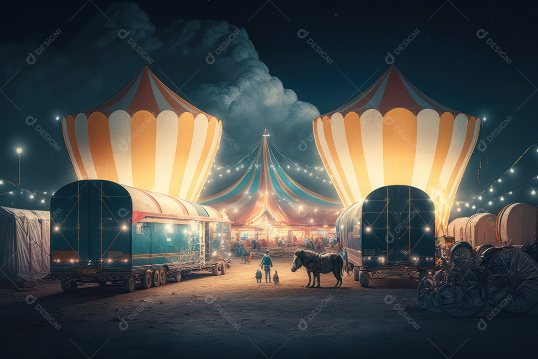 Um grande e famoso circo brilhante e colorido com um parque de diversões, trailers, caminhões e motorhomes
