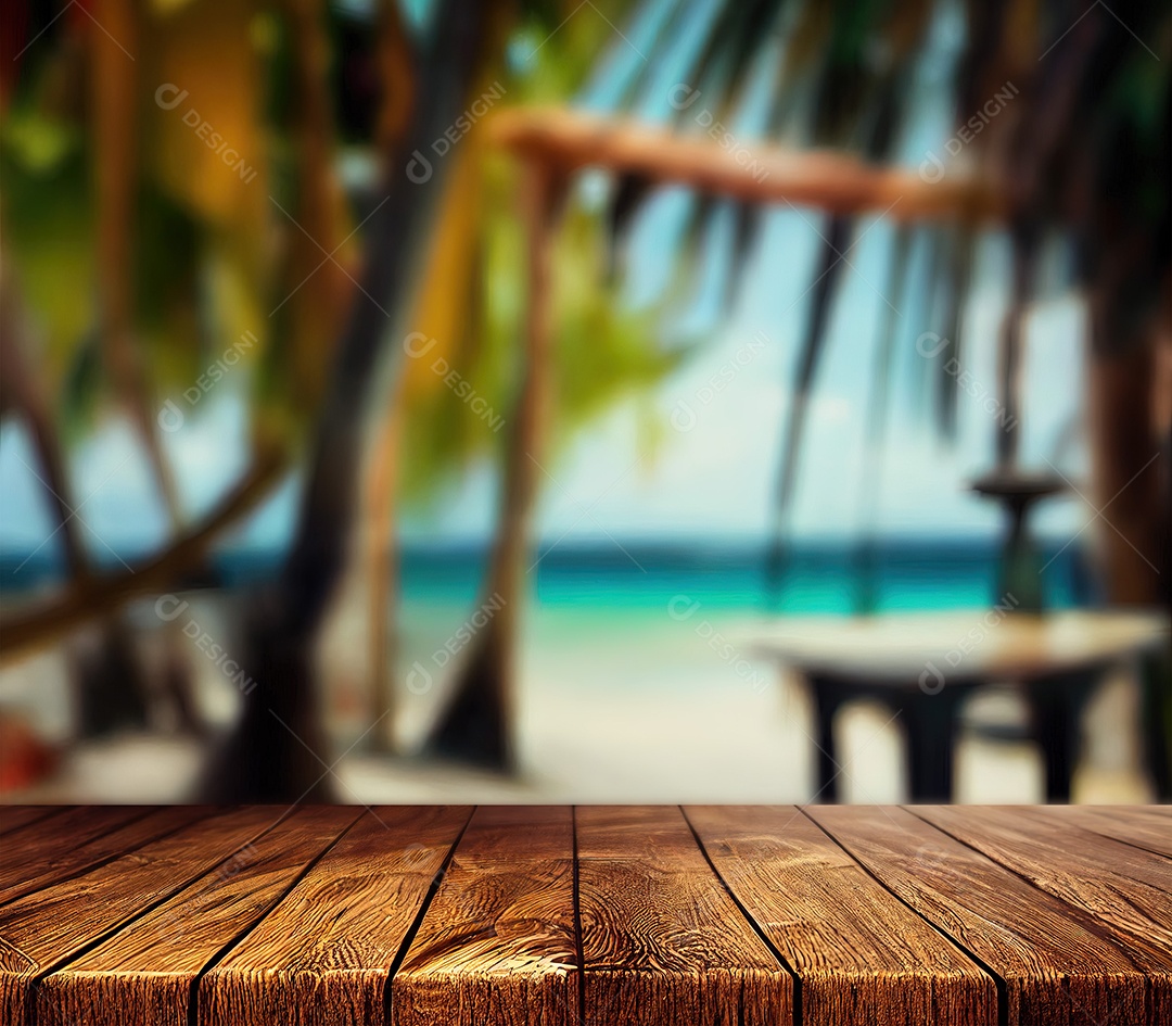 Mesa madeira com fundo praia
