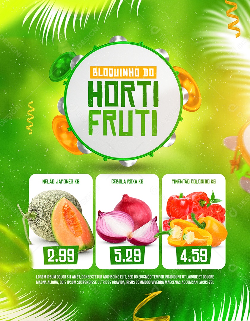 Bloquinho do Hortifruti Melão Cebola Roxa Pimentão Colorido Carnaval Social Media PSD Editável