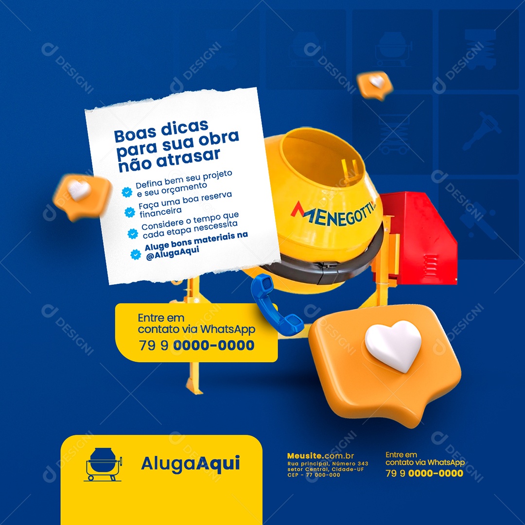 Boas Dicas para Sua Obra não Atrasar Aluguel de Máquinas Social Media PSD Editável