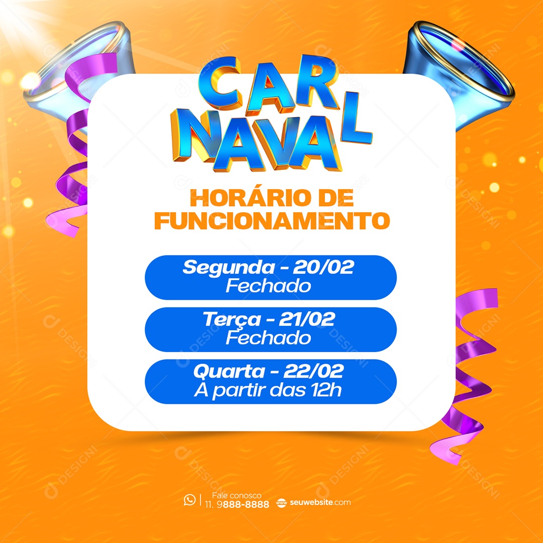 Horário de Funcionamento Carnaval Folia Social Media PSD Editável