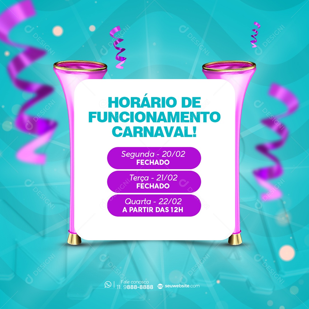 Horário de Funcionamento Carnaval Folia Social Media PSD Editável