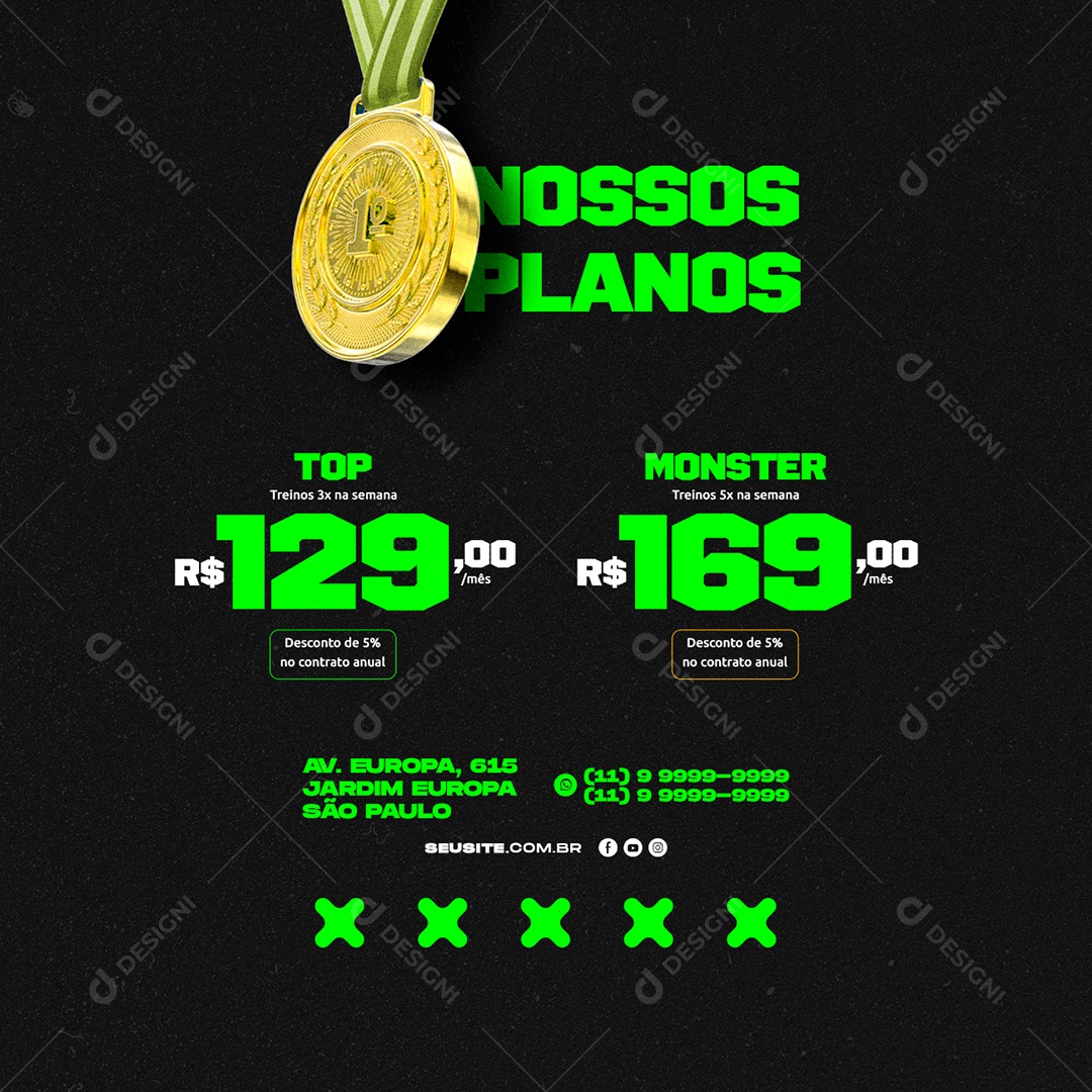Nosso Planos Top 129,00 Monster 169,00 Academia Personal Trainer Social Media PSD Editável