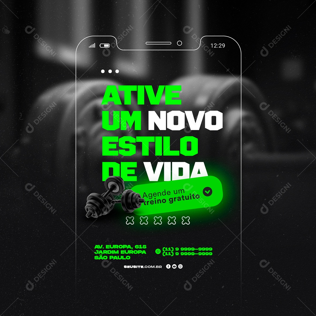 Ative um Novo Estilo de Vida Agende um Treino Gratuito Academia Personal Trainer Social Media PSD Editável