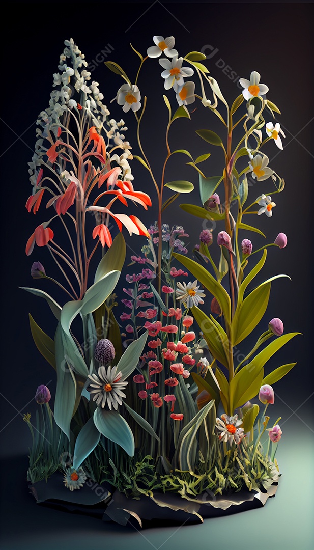 Ilustração 3D de flores com fundo preto