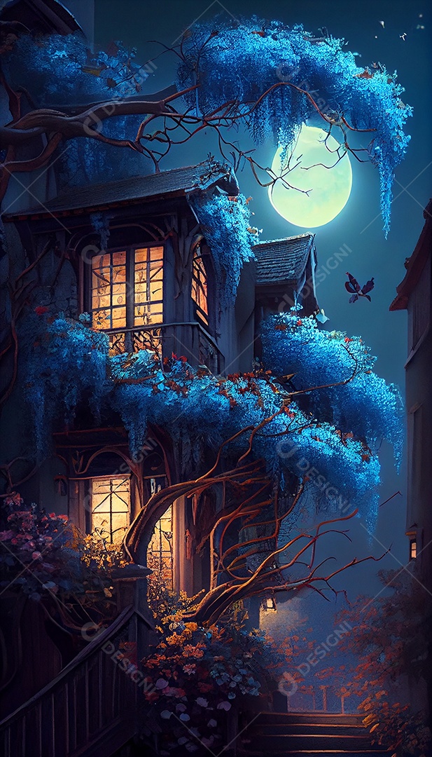 Ilustração 3D noite bonita de lua cheia