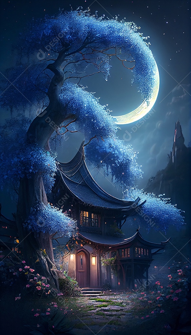 Ilustração 3D noite bonita de lua cheia