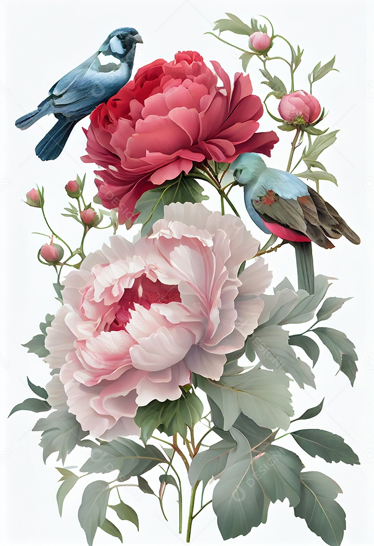 Ilustração 3D pássaro sobre ramo de flor