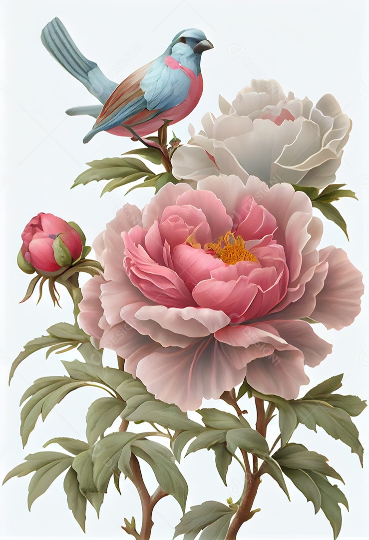 Ilustração 3D pássaro sobre ramo de flor