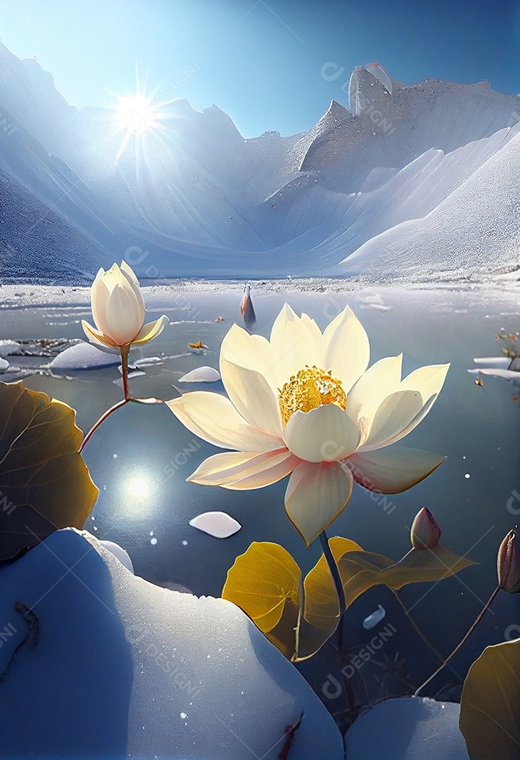 Ilustração 3D flor branca na neve