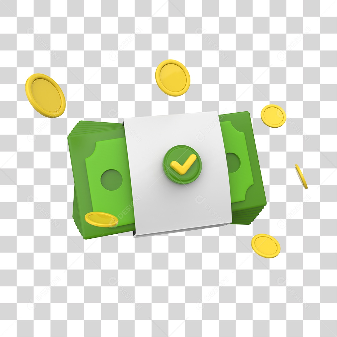 Dinheiro e Moedas Elemento 3D para Composição PNG Transparente