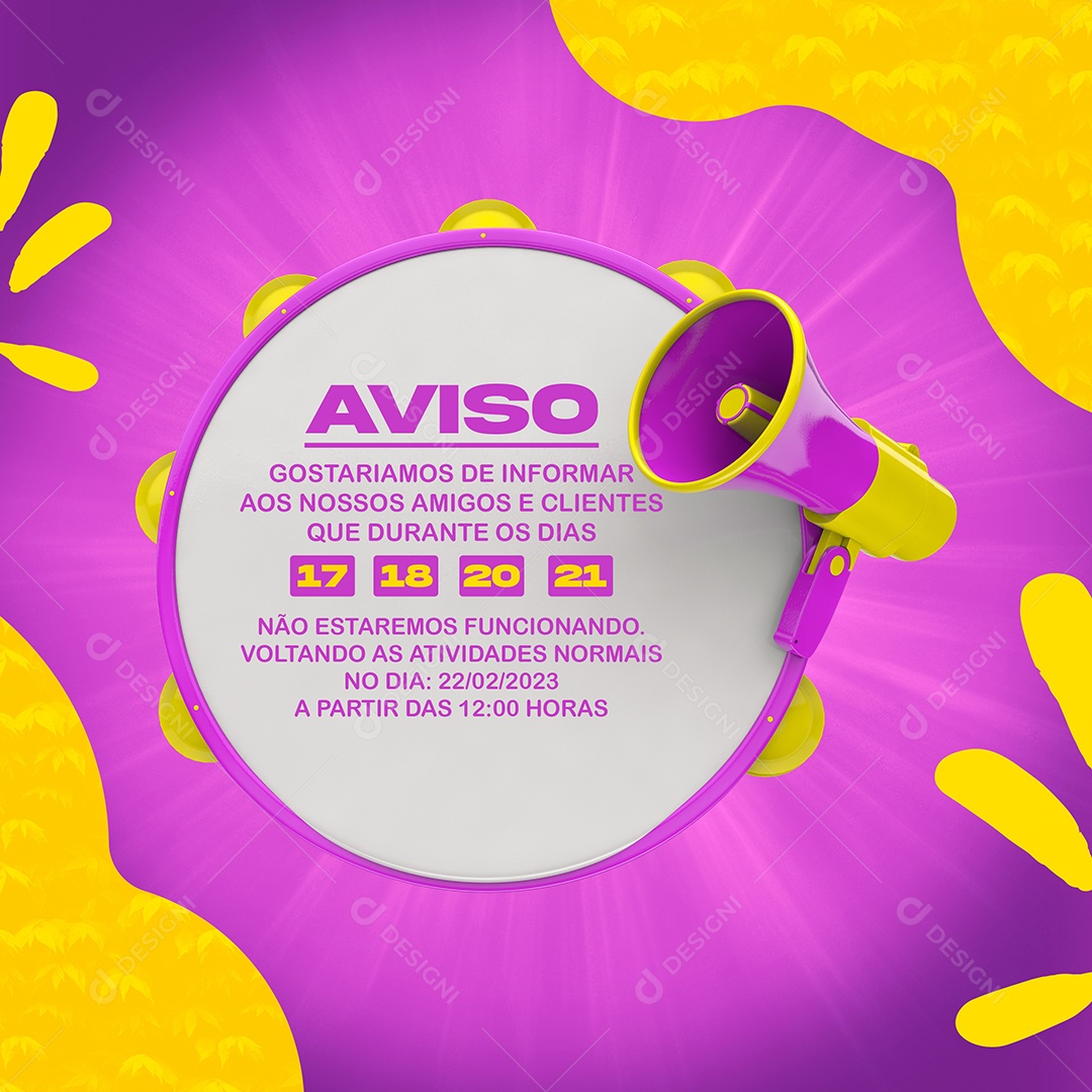 Social Media Aviso Gostariamos de Informar aos Nossos Amigos e Clientes Feriado Carnaval PSD Editável