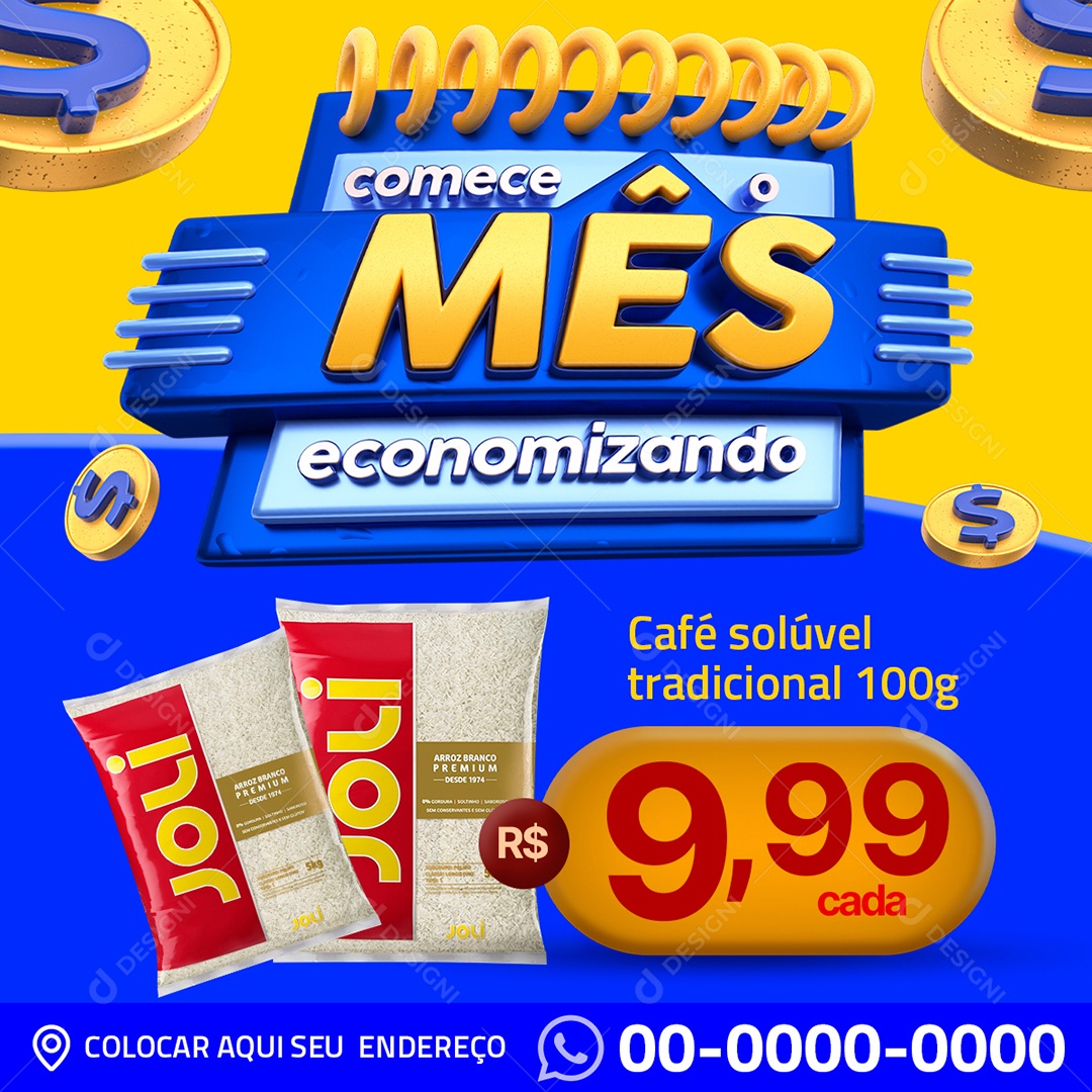 Comece Mês Economizando Café Solúvel Tradicional 9,99 Supermercado Social Media PSD Editável