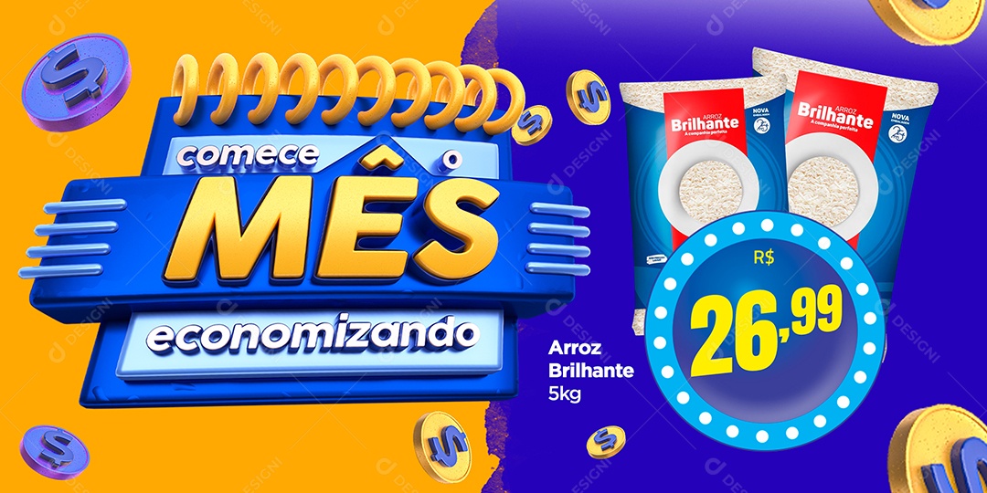 Banner Comece Mês Economizando Arroz Brilhante 26,99 Supermercado Social Media PSD Editável