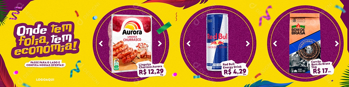 Onde Tem Folia Tem Economia Churrascaria Red Bull Carvão Bom de Brasa Supermercado Carrossel Social Media PSD Editável