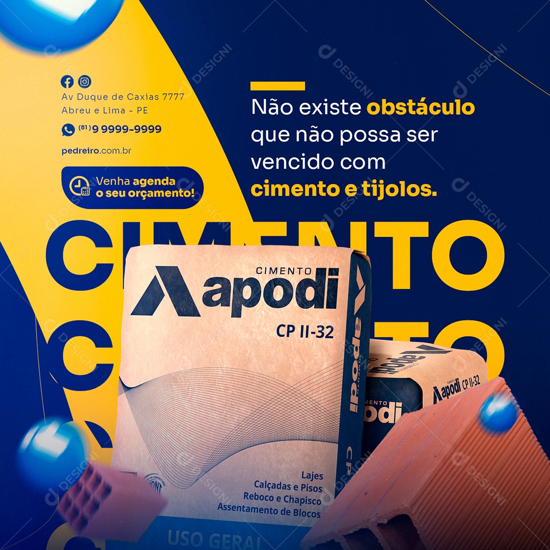 Não Existe Obstáculo que Não Possa Ser Vencido com Cimentos e Tijolos Pedreiro Social Media PSD Editável