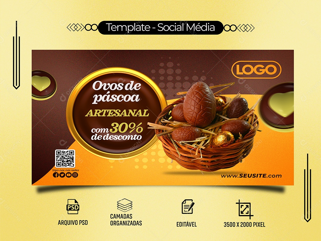 Banner Páscoa Ovos de Páscoa Artesanal com 30% de Desconto Páscoa Social Media PSD Editável