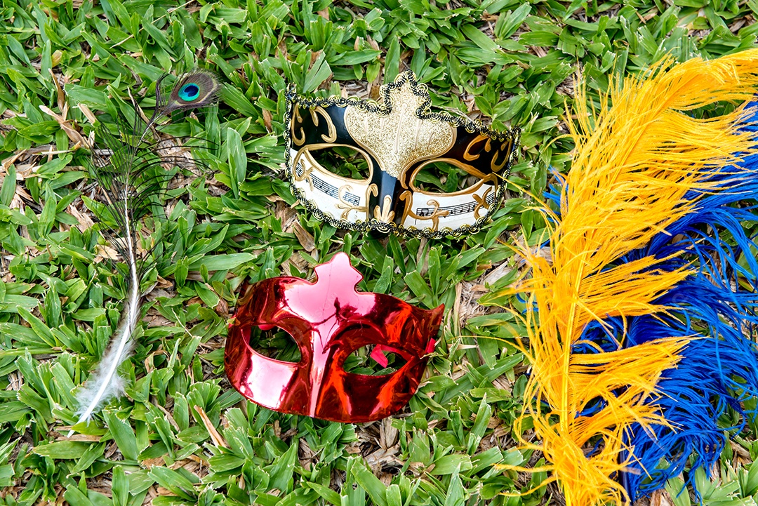 Itens de carnaval brasileiro deitado na grama, festa de carnaval braz