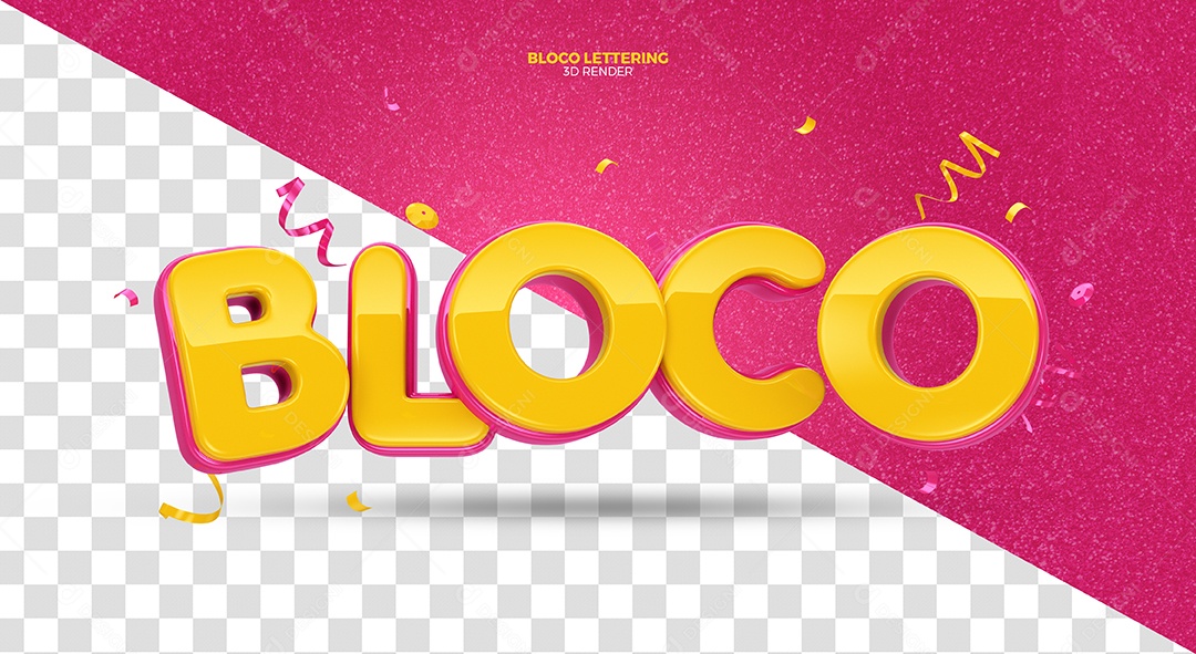 Bloco Texto 3D Bloco Dourado e Rosa de Carnaval para Composição PSD
