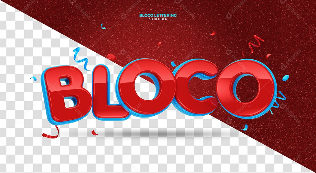 Bloco Texto 3D Bloco Vermelho e Azul de Carnaval para Composição PSD