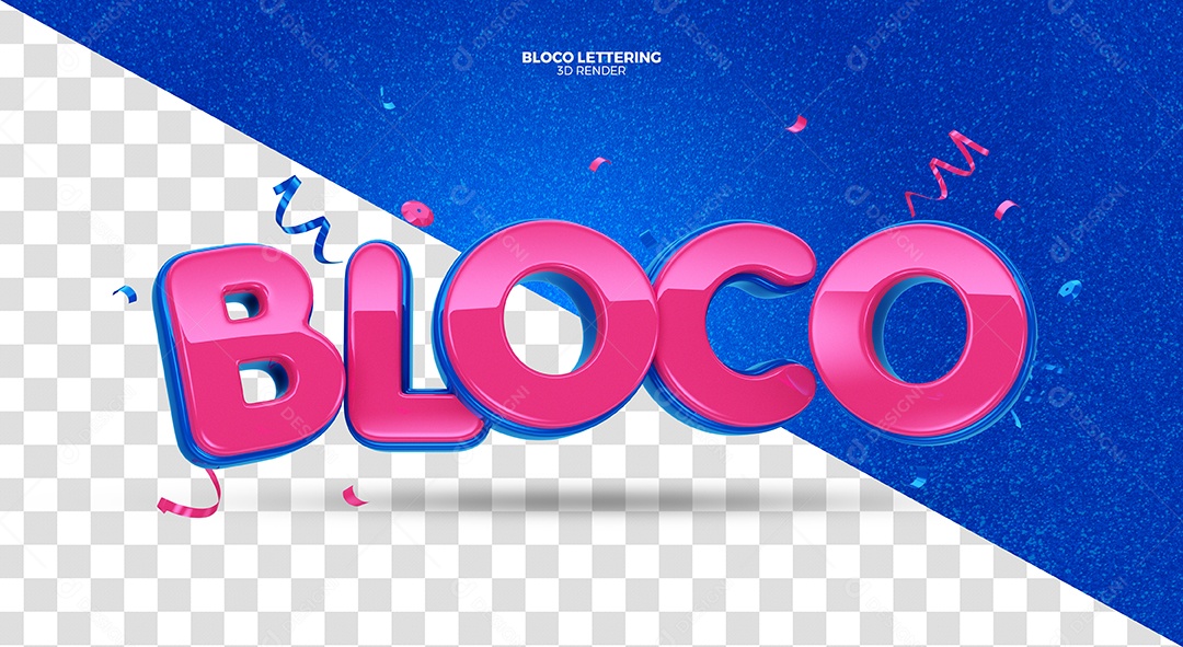 Bloco Texto 3D Rosa e Azul de Carnaval para Composição PSD