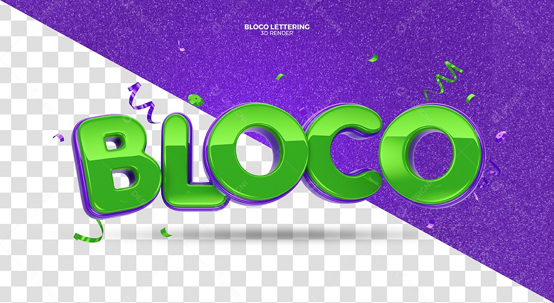 Bloco Texto 3D Verde e Roxo de Carnaval para Composição PSD