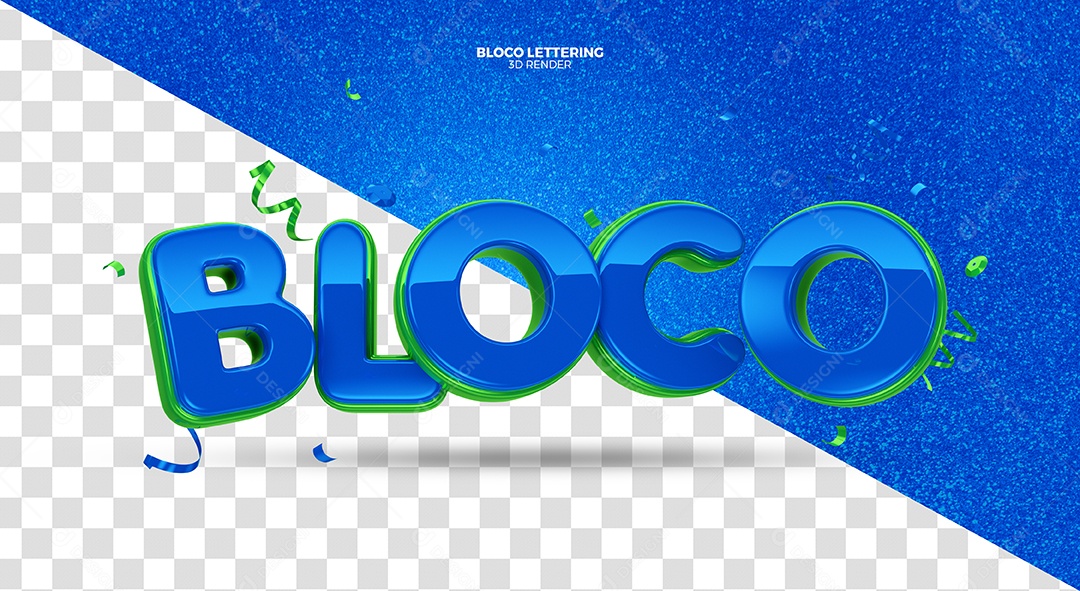 Bloco Texto 3D Azul e Verde de Carnaval para Composição PSD