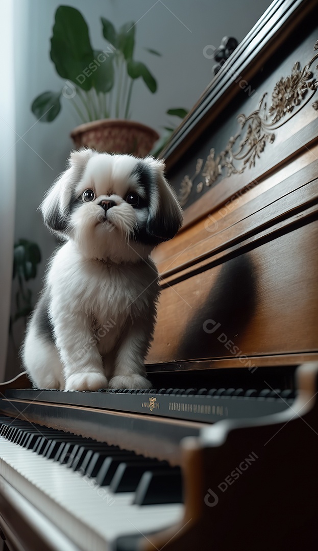 Adorável cão de estimação no piano. Bonitinho.