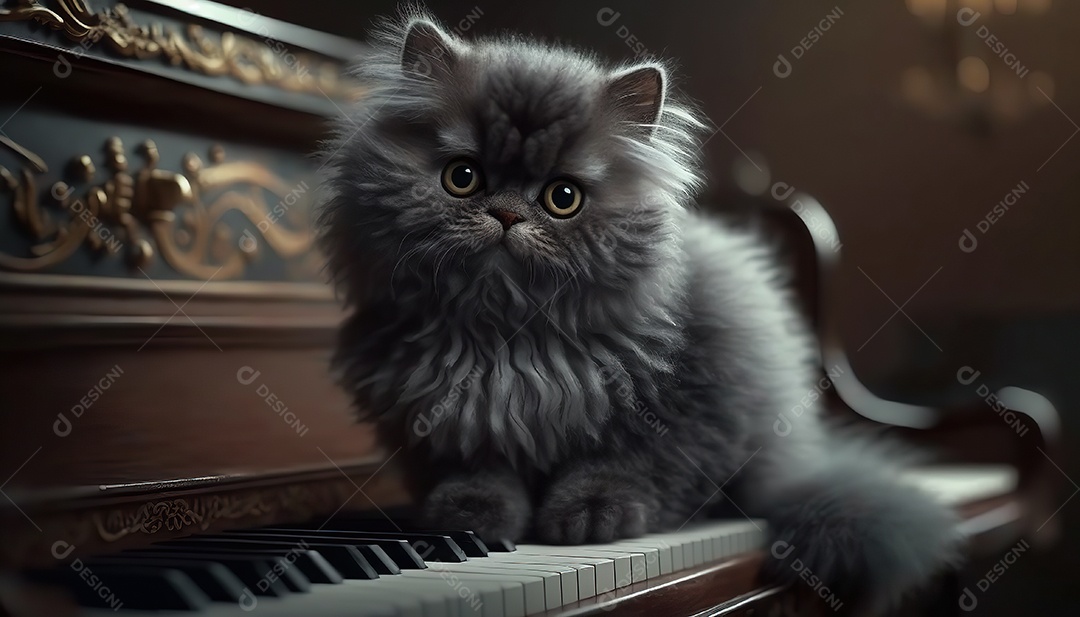 Adorável gato persa cinza escuro no piano. Bonitinho.