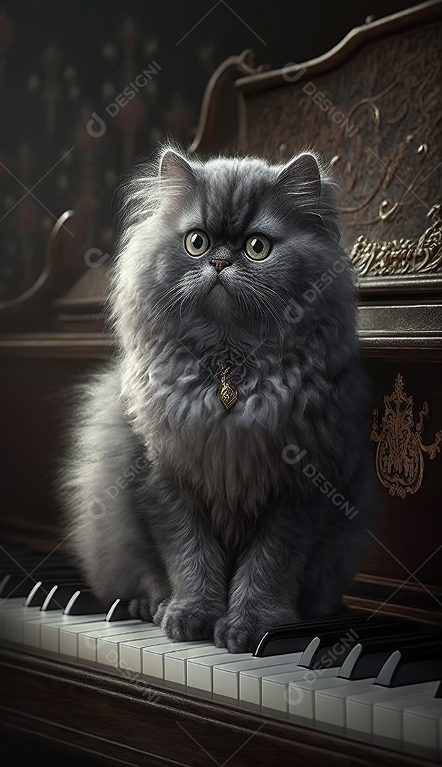 Adorável gato persa cinza escuro no piano. Bonitinho.