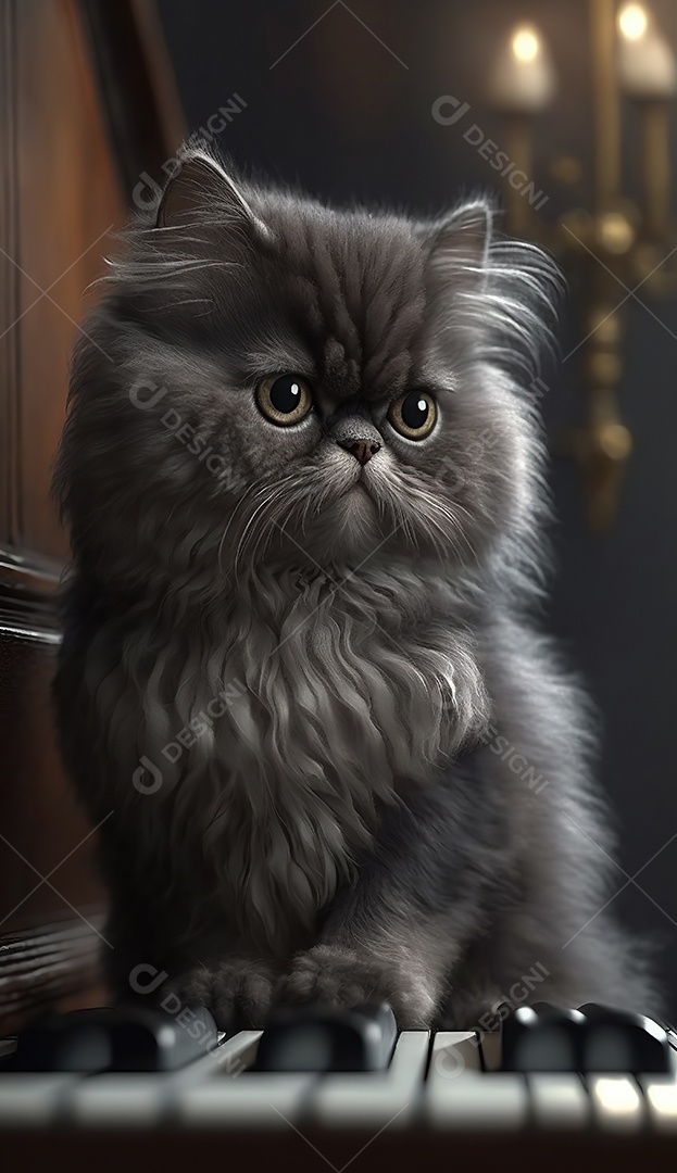 Adorável gato persa cinza escuro no piano. Bonitinho.
