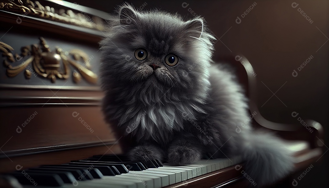 Adorável gato persa cinza escuro no piano. Bonitinho.