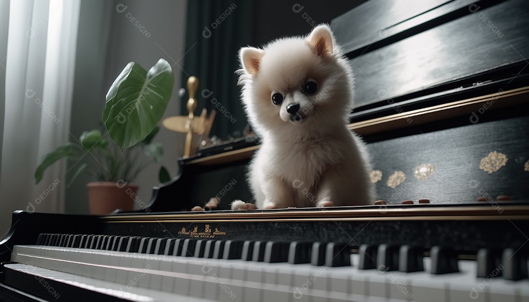 Adorável cão de estimação no piano. Bonitinho.