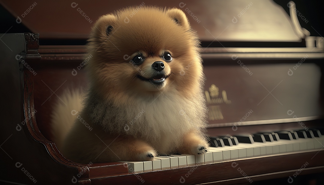 Adorável cão de estimação no piano. Bonitinho.