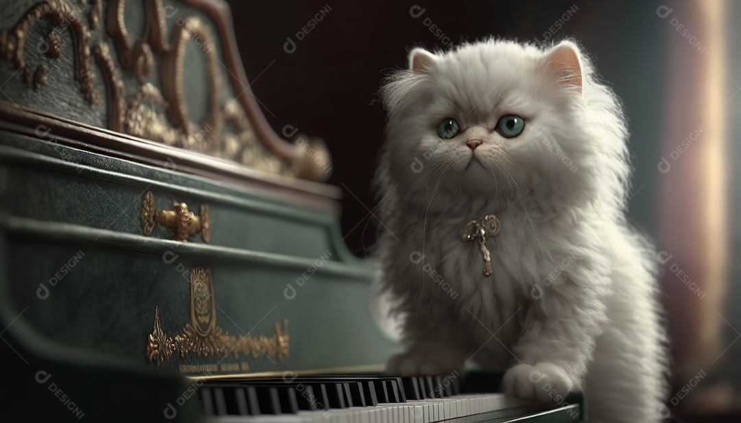 Adorável gato persa cinza escuro no piano. Bonitinho.