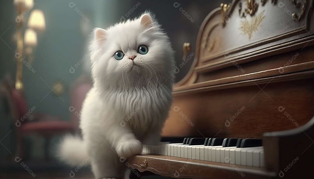 Adorável gato persa cinza escuro no piano. Bonitinho.