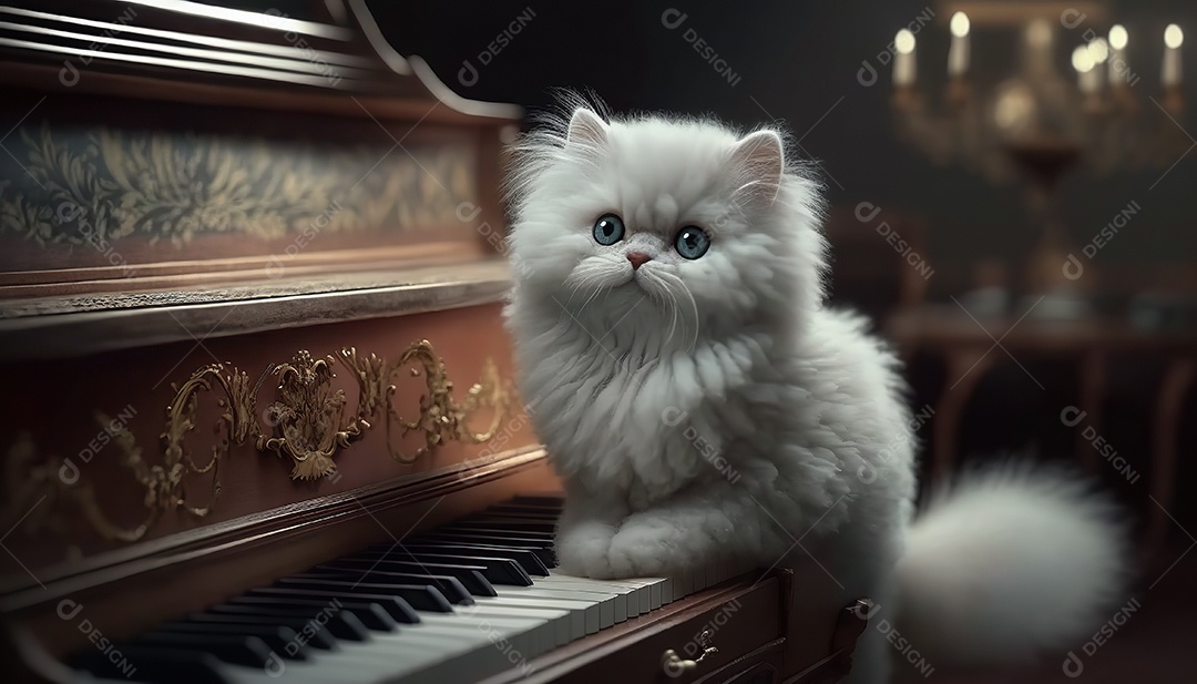 Adorável gato persa cinza escuro no piano. Bonitinho.