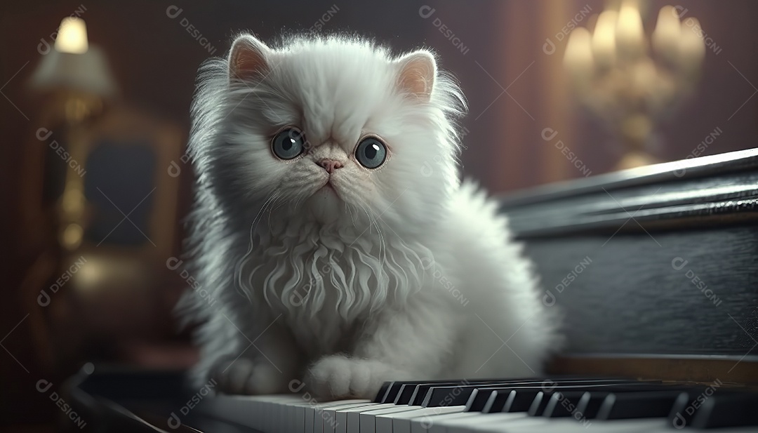 Adorável gato persa cinza escuro no piano. Bonitinho.