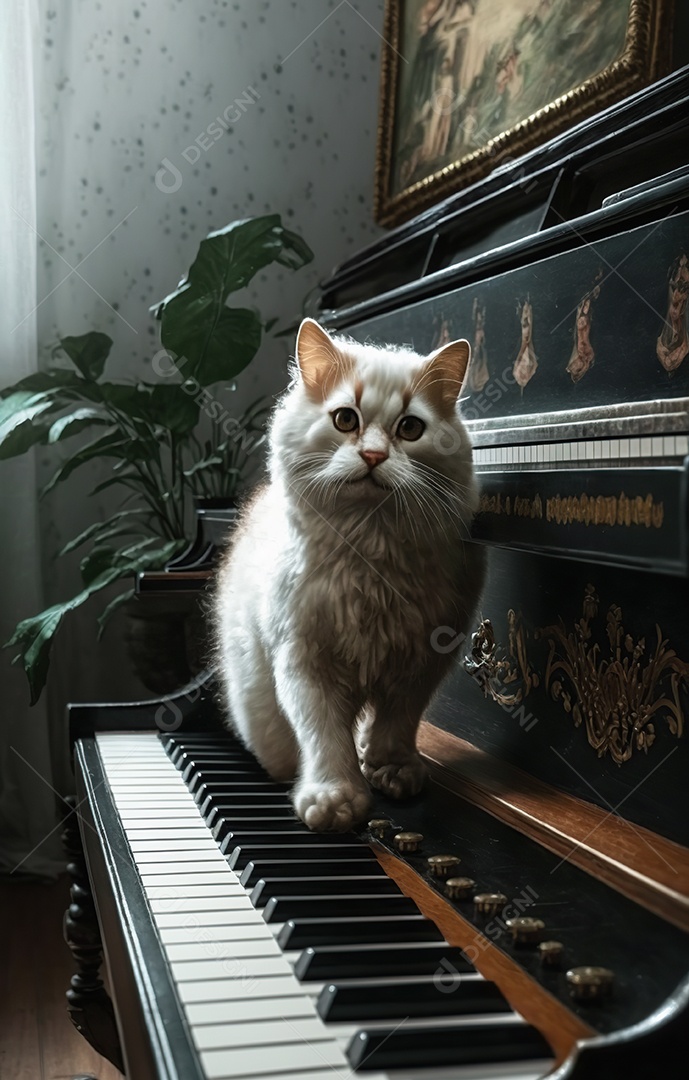 Adorável gato persa cinza escuro no piano. Bonitinho.