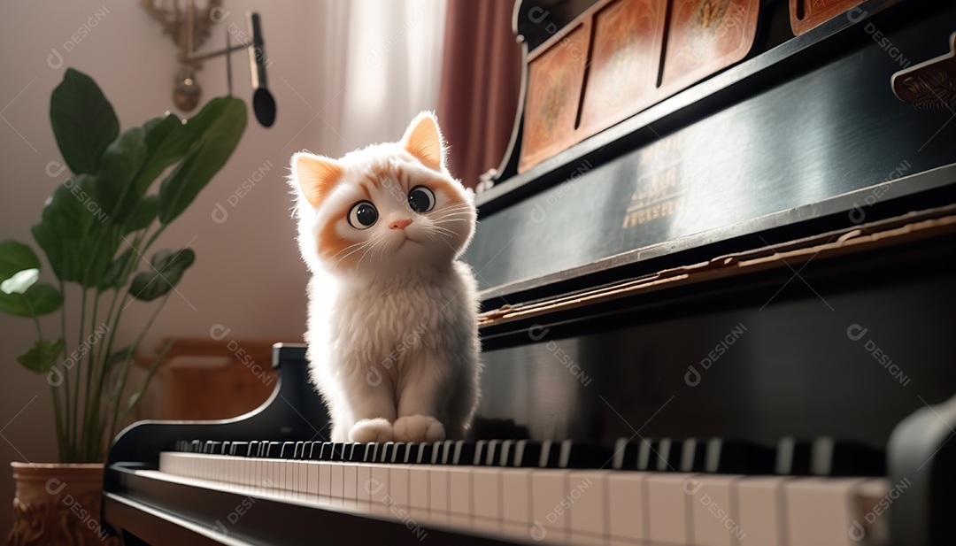 Adorável gato persa cinza escuro no piano. Bonitinho.