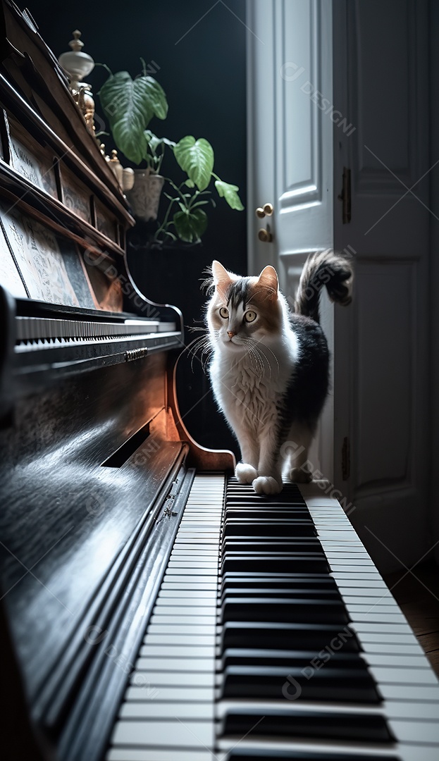 Adorável gato persa cinza escuro no piano. Bonitinho.