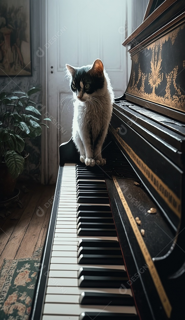 Adorável gato persa cinza escuro no piano. Bonitinho.