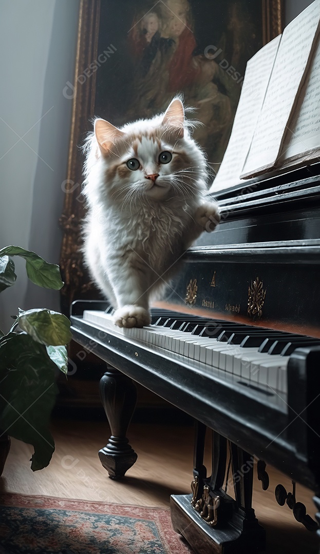 Adorável gato persa cinza escuro no piano. Bonitinho.