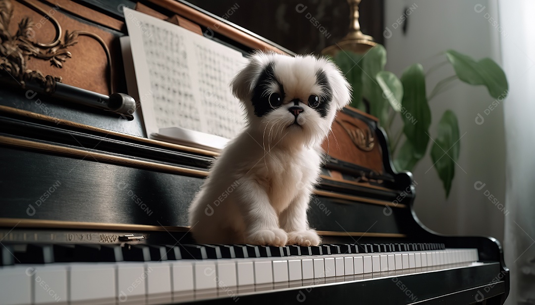 Adorável cão de estimação no piano. Bonitinho.