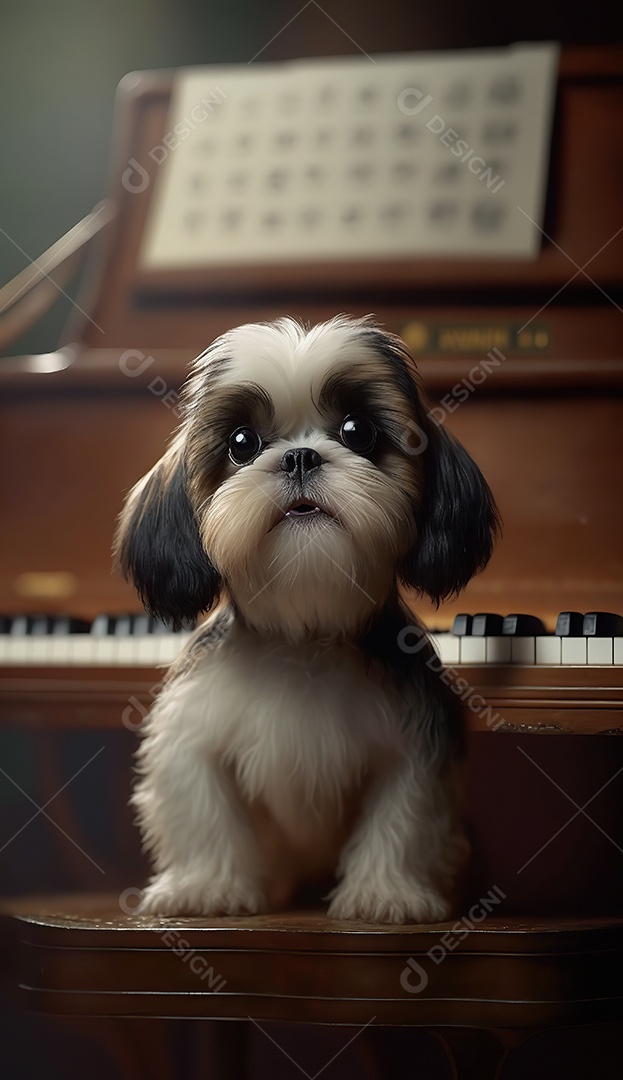Adorável cão de estimação no piano. Bonitinho.